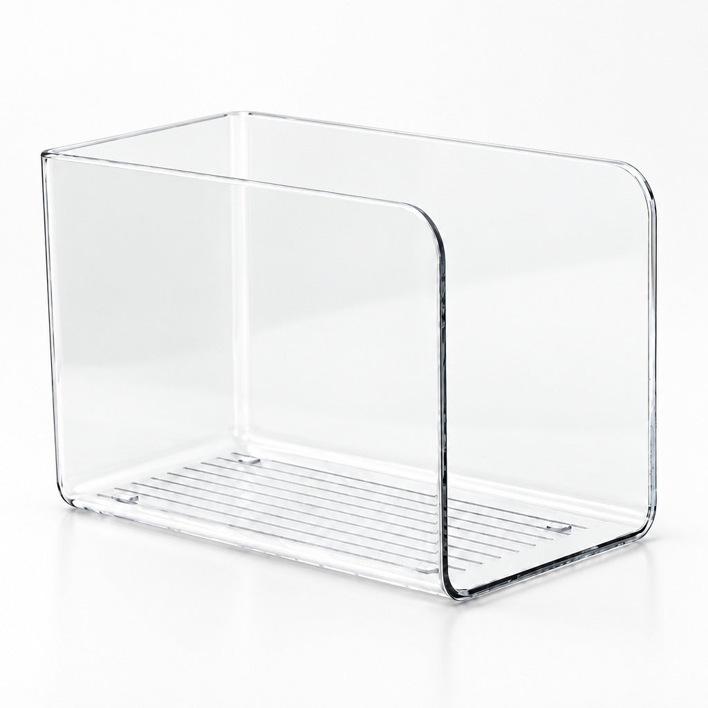 A clear acrylic or plastic organizer box with a slatted bottom tray, photographed on a clean white background.