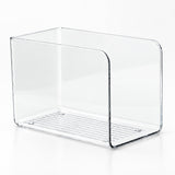 A clear acrylic or plastic organizer box with a slatted bottom tray, photographed on a clean white background.