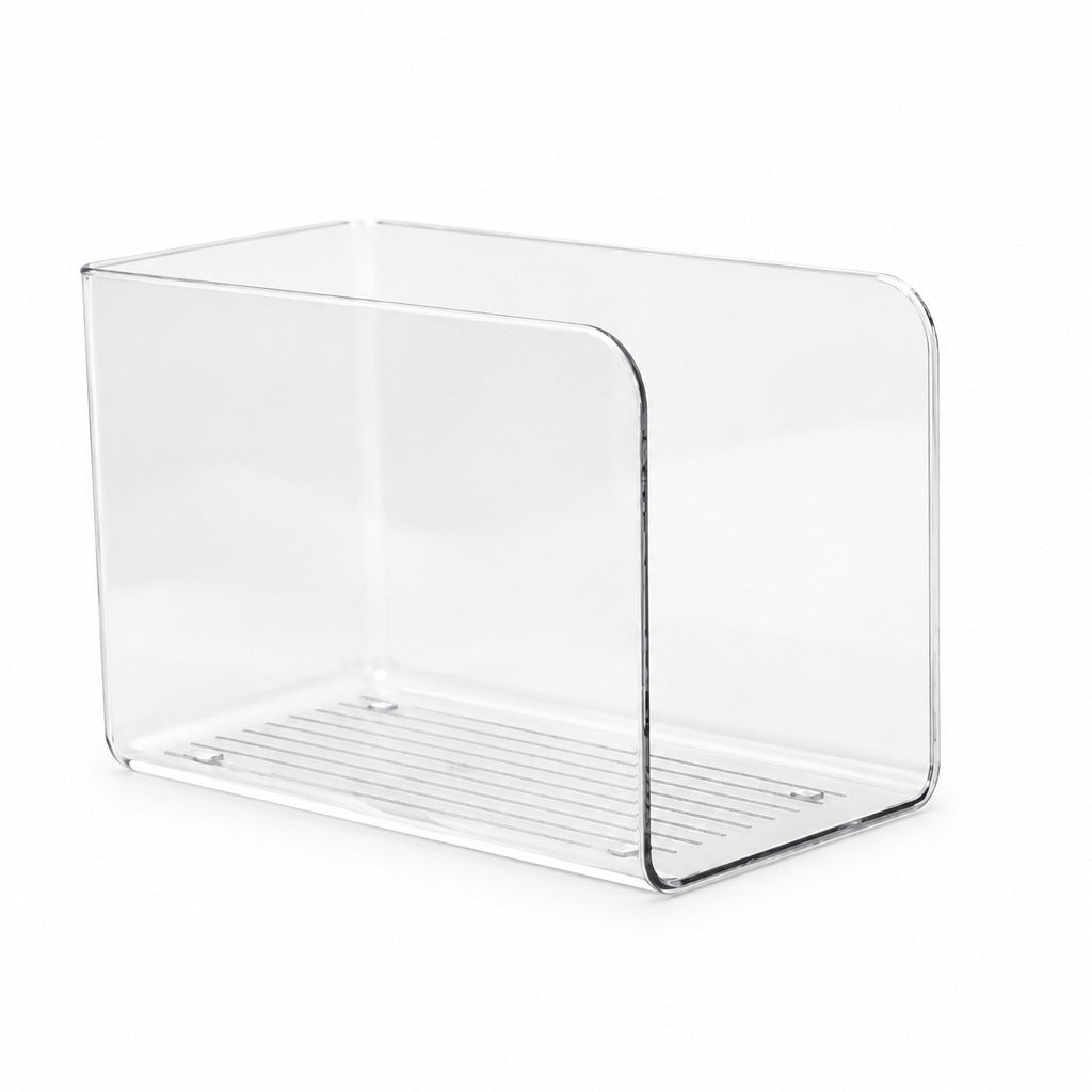 A clear acrylic or plastic storage box with a slatted bottom tray, shown on a plain white background.