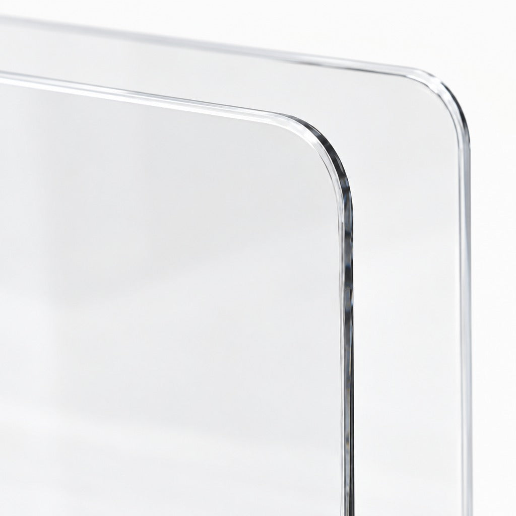Close-up of a transparent acrylic or glass panel with rounded corners and a smooth reflective surface on a white background.