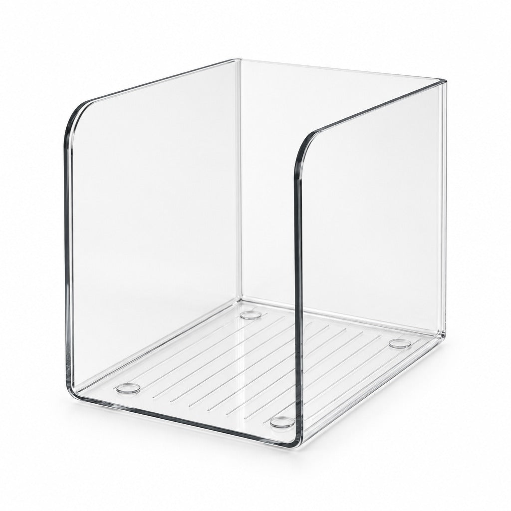 A clear acrylic organizer box with a slatted bottom tray, shown on a plain white background.