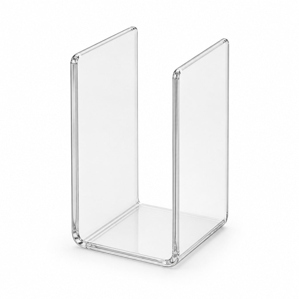 Clear acrylic bookends with a modern U-shape design, shown on a solid white background.