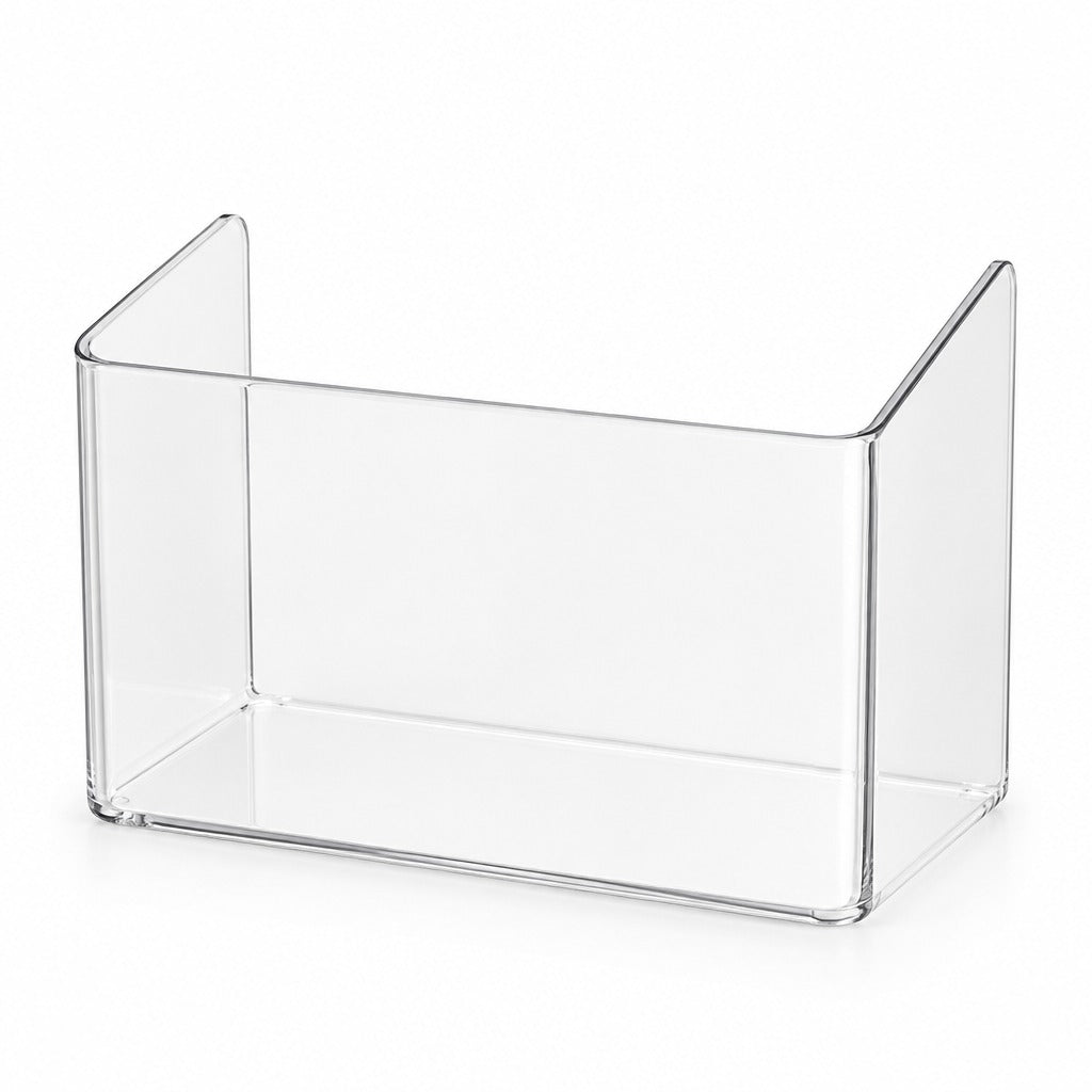 Clear acrylic or plastic rectangular organizer tray with angled side supports, shown on a clean white background.