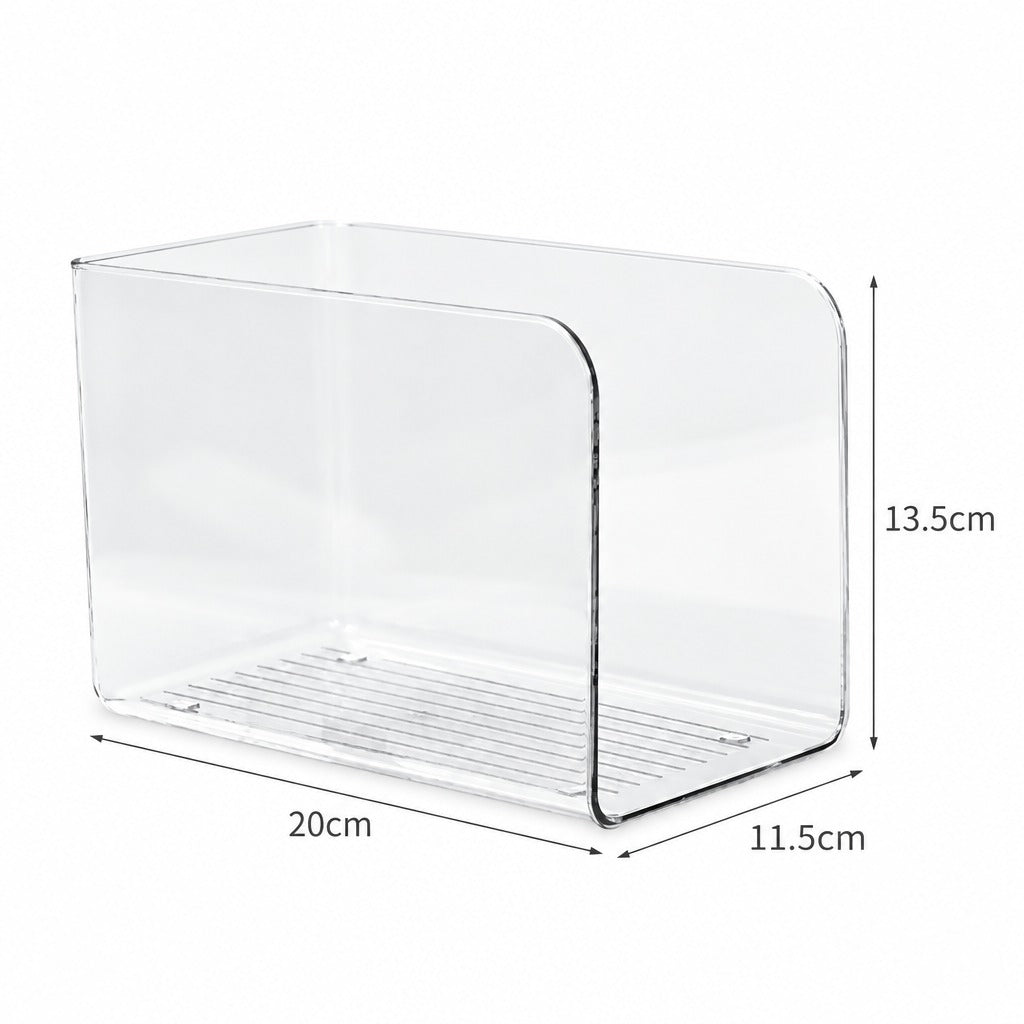 Clear plastic organizer box with dimension markings showing 20cm width, 11.5cm depth, and 13.