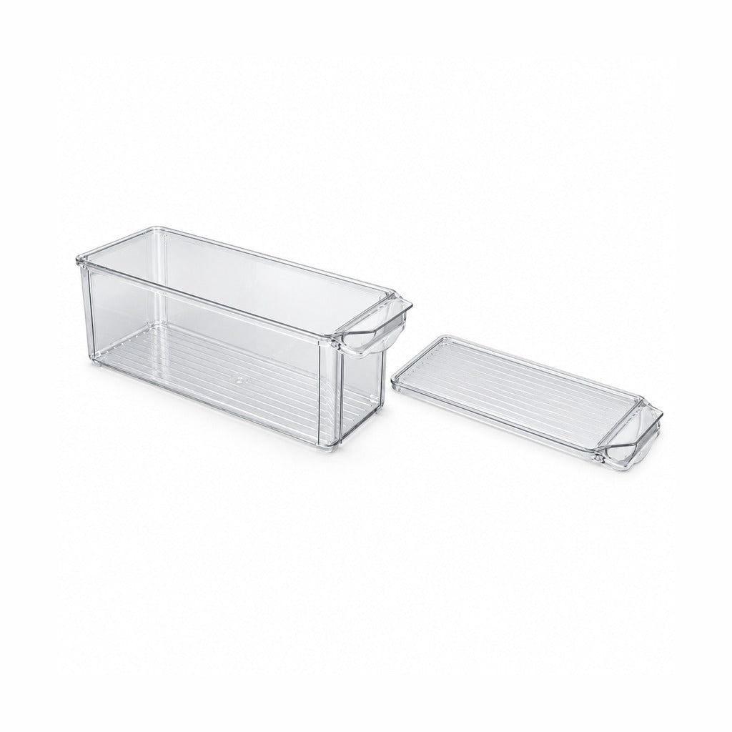 A clear plastic refrigerator storage drawer shown open, with its matching clear lid placed beside it on a white background.