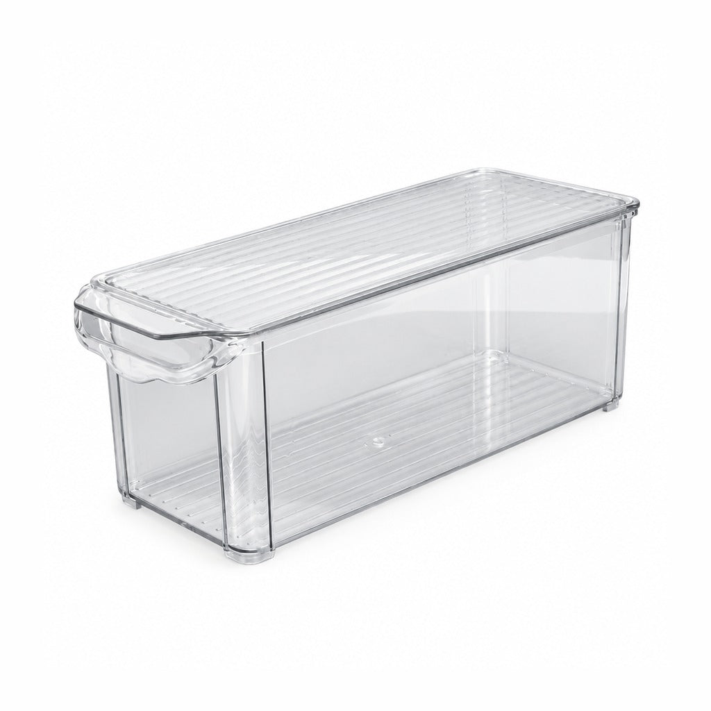 A clear plastic refrigerator storage bin with a ribbed lid and handle, shown on a plain white background.