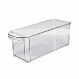 A clear plastic refrigerator storage bin with a ribbed lid and handle, shown on a plain white background.