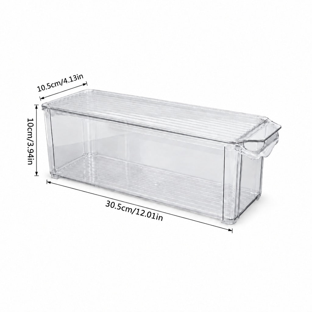 A clear plastic refrigerator storage drawer shown on a white background with dimension lines and labels indicating 10 cm height, 10.5 cm width, and 30.
