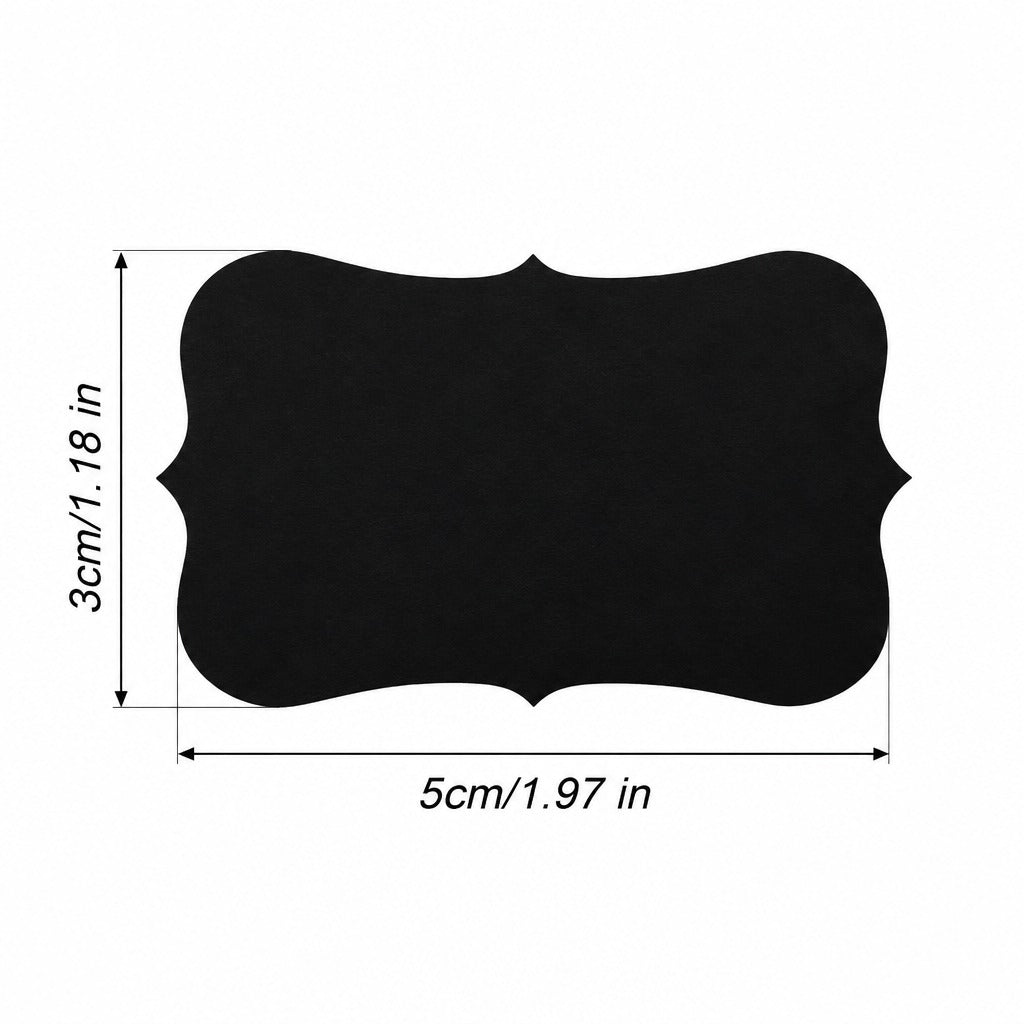 A black decorative label or sign with wavy edges, shown with dimension markings indicating 3 cm by 5 cm on a white background.