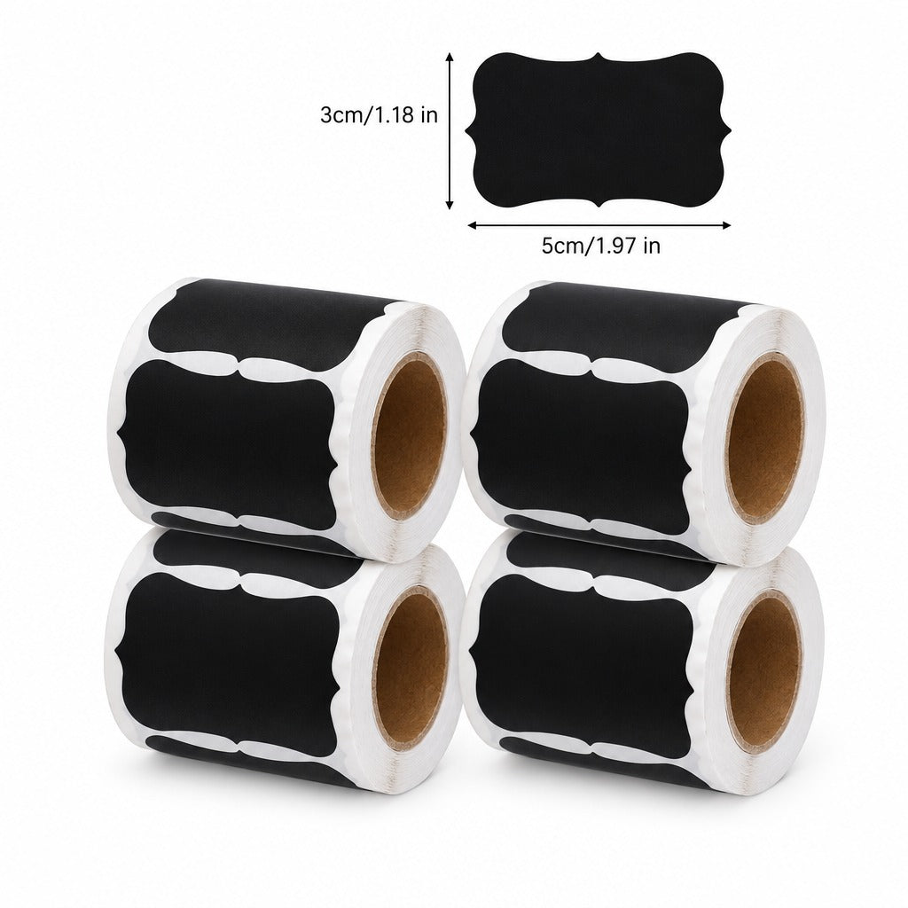Four rolls of black chalkboard-style labels with white backing, shown on a white background with a small size callout indicating 3cm by 5cm.