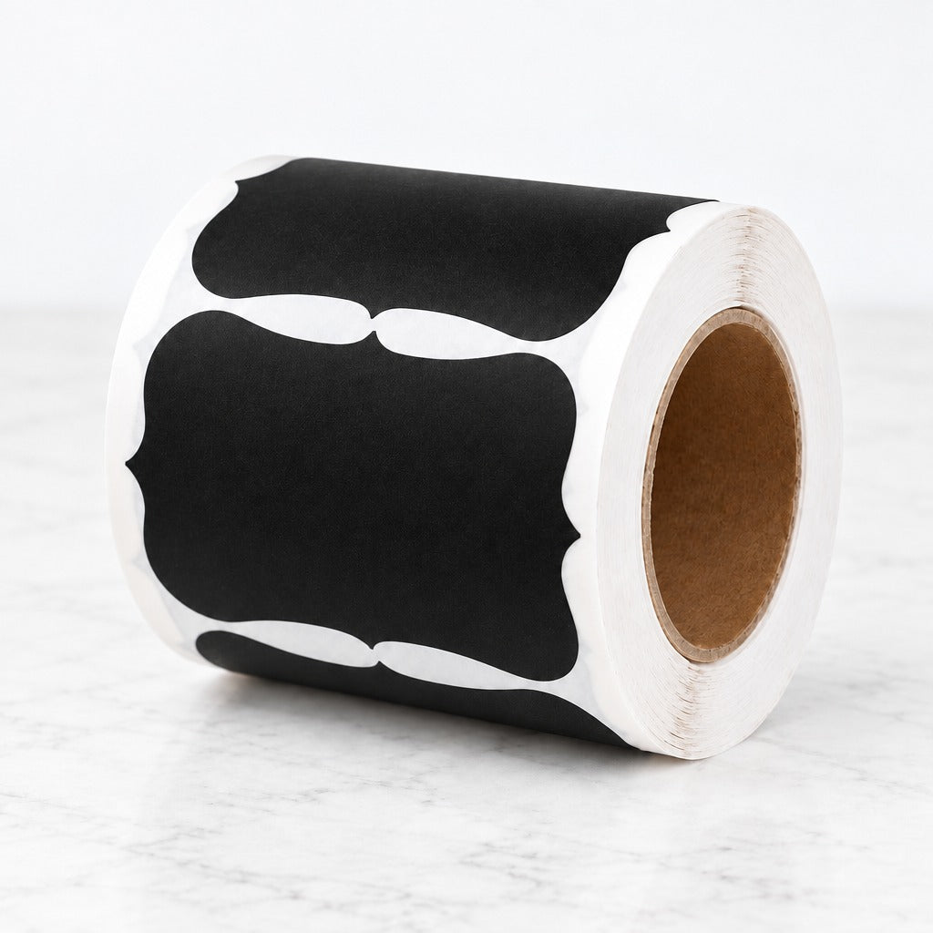A roll of black and white decorative labels with a scalloped edge, shown on a light marble surface against a white background.