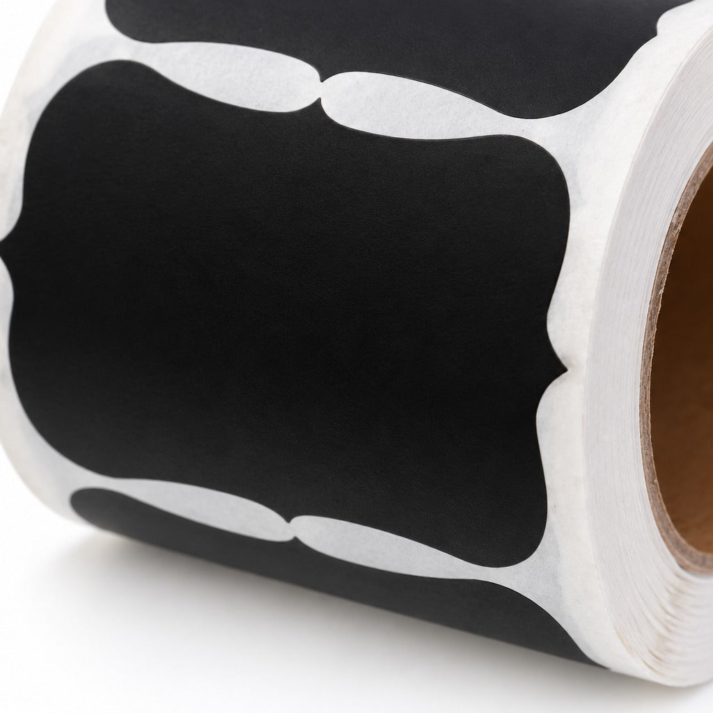 A close-up of a roll of black decorative labels with white scalloped borders and a brown cardboard core, shown on a white background.