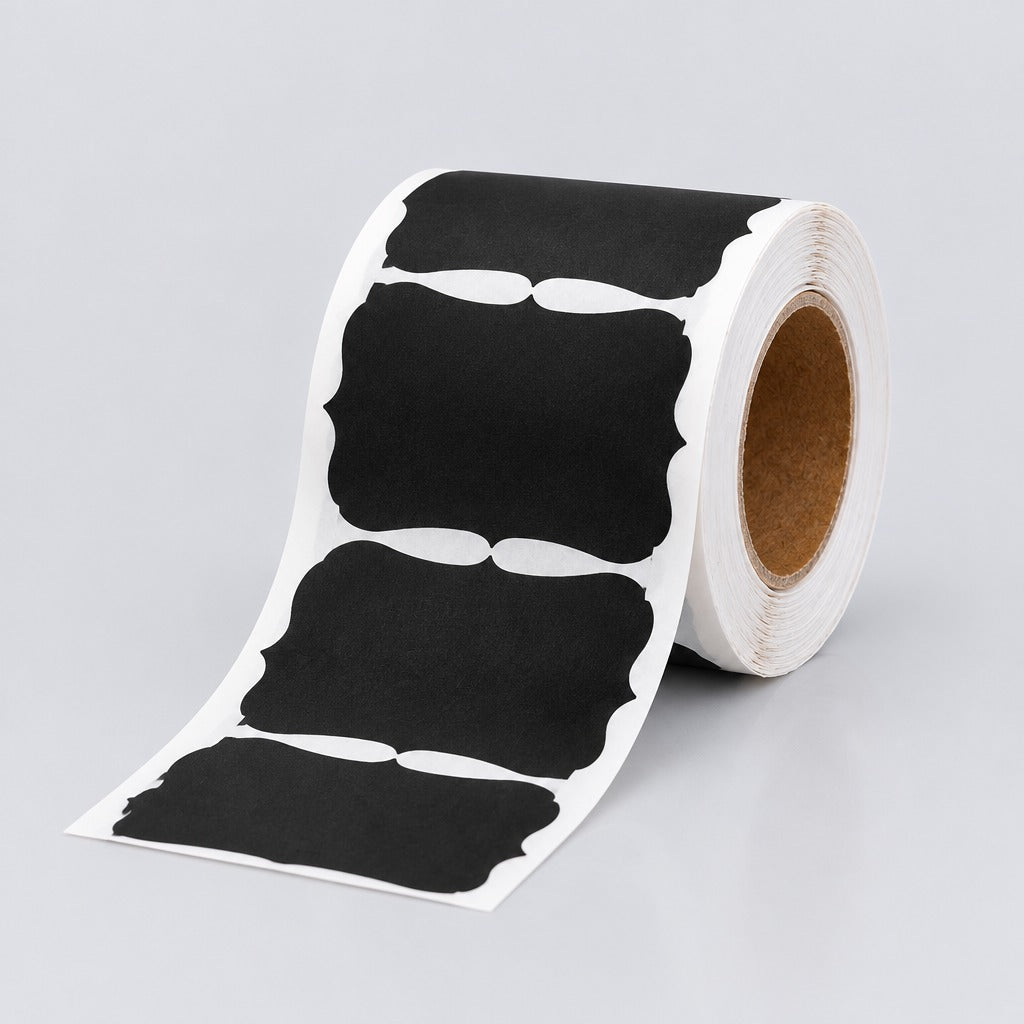 A roll of black chalkboard-style labels with white backing, partially unrolled to show three rectangular labels with decorative cutouts, on a light gray background.