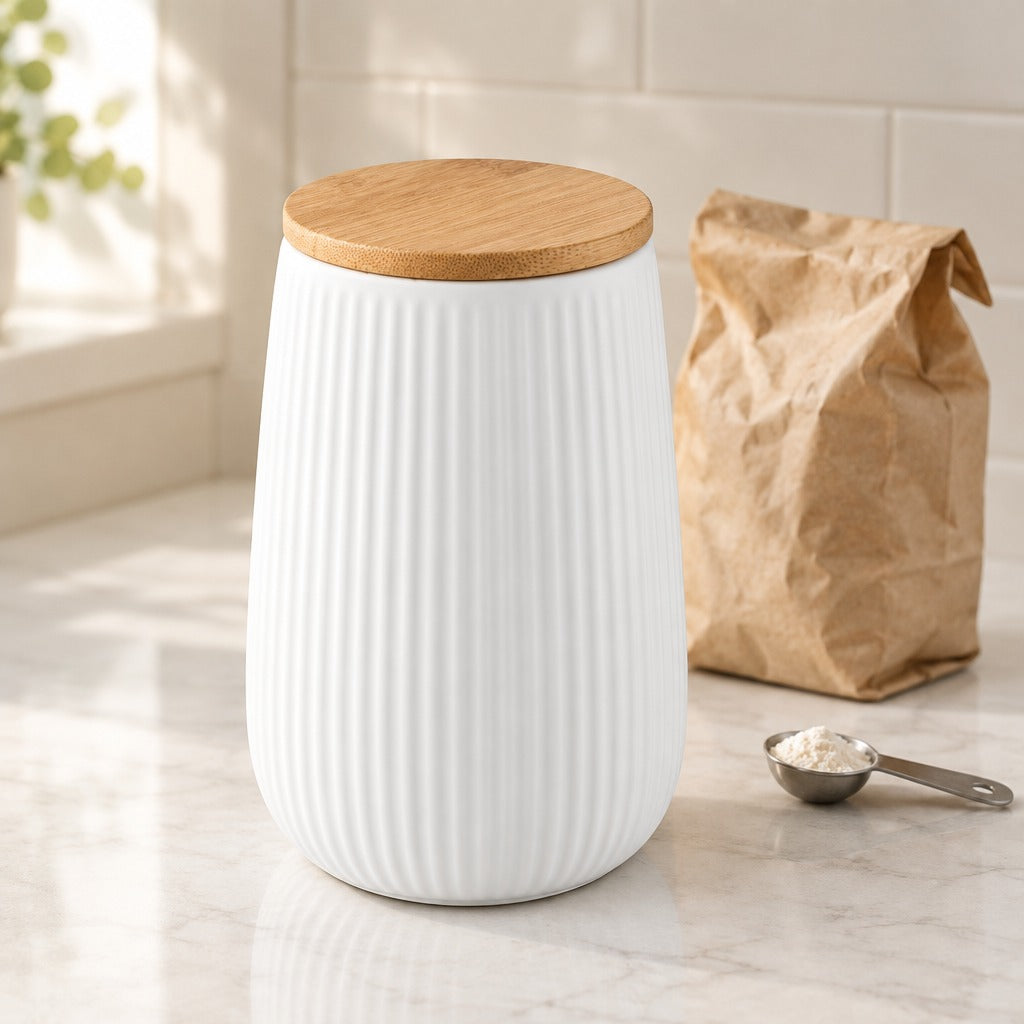 A white ribbed ceramic canister with a light wood lid sits on a marble countertop in a bright kitchen setting, with a brown paper bag and a metal measuring scoop nearby.