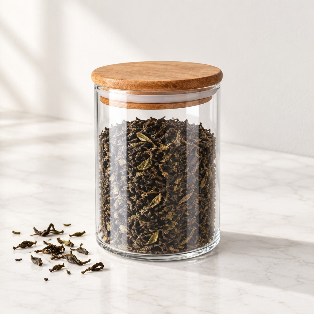 A clear glass tea jar with a light brown wooden lid, filled with loose-leaf tea, set on a white marble surface with a few tea leaves scattered nearby.