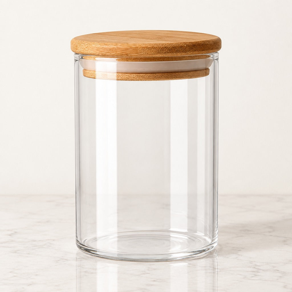 A clear glass canister jar with a round natural bamboo lid, shown on a light marble surface against a neutral off-white background.