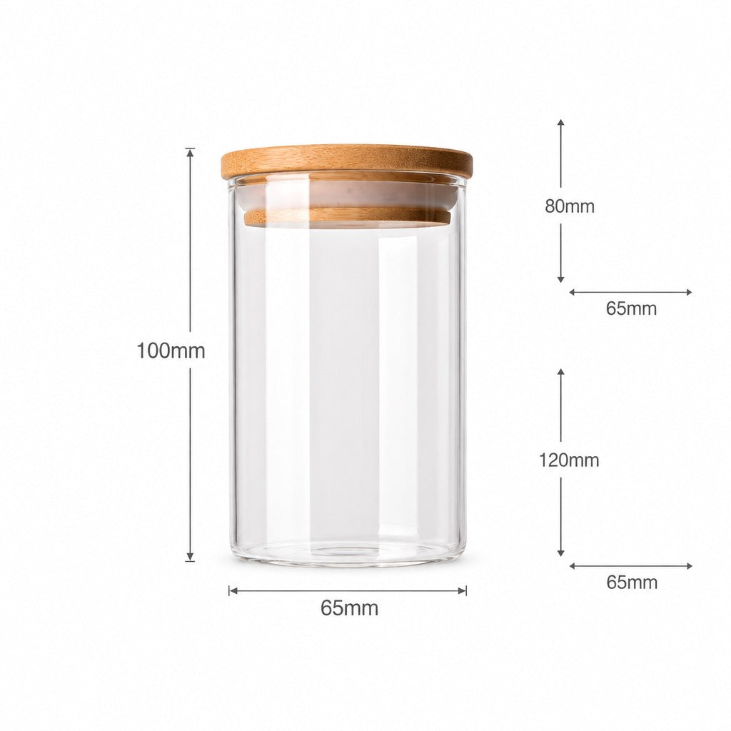 A clear glass jar with a light brown wooden lid, shown with dimension lines and labels indicating height and width measurements on a white background.