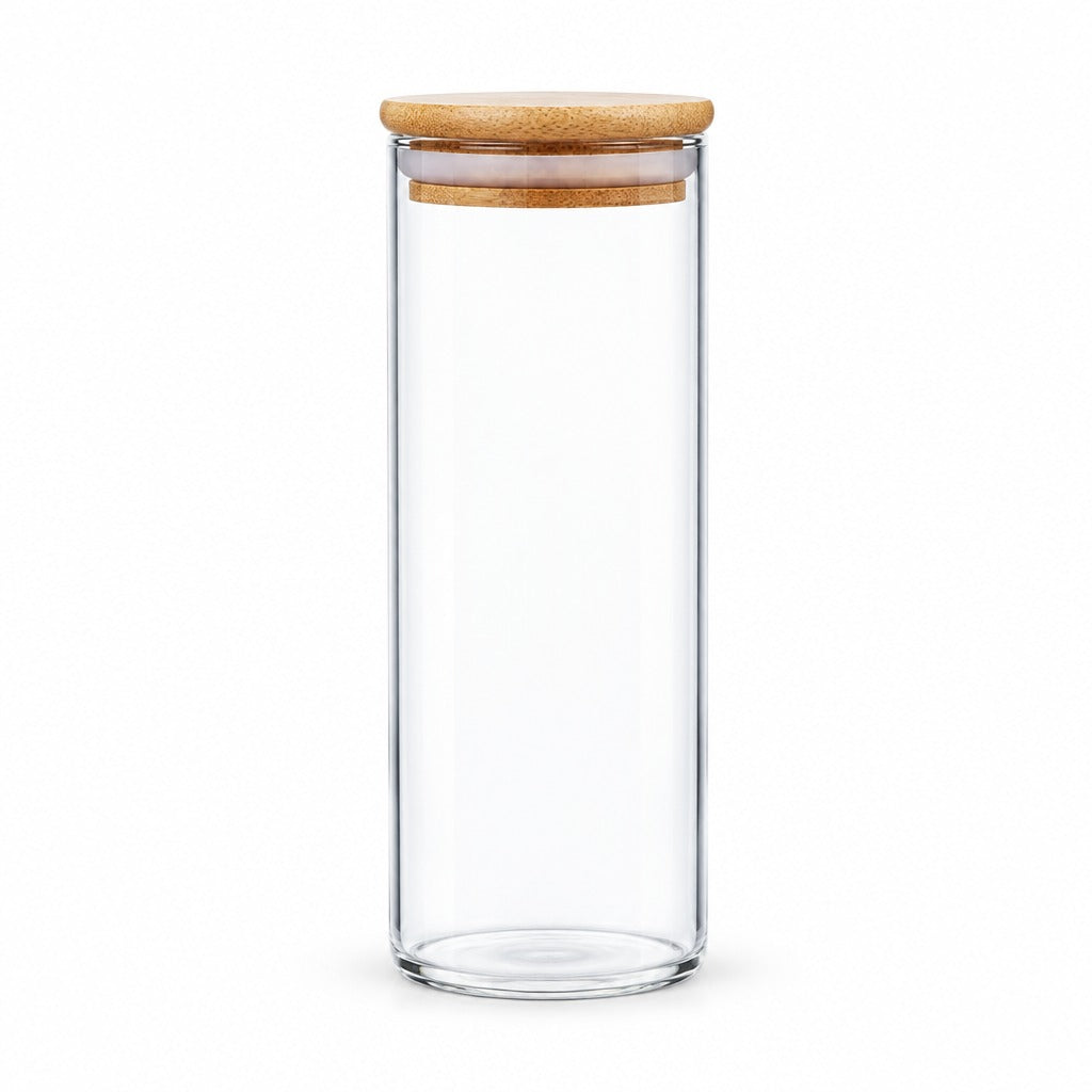 A tall, clear glass canister with a round natural wood lid, shown on a clean white background.