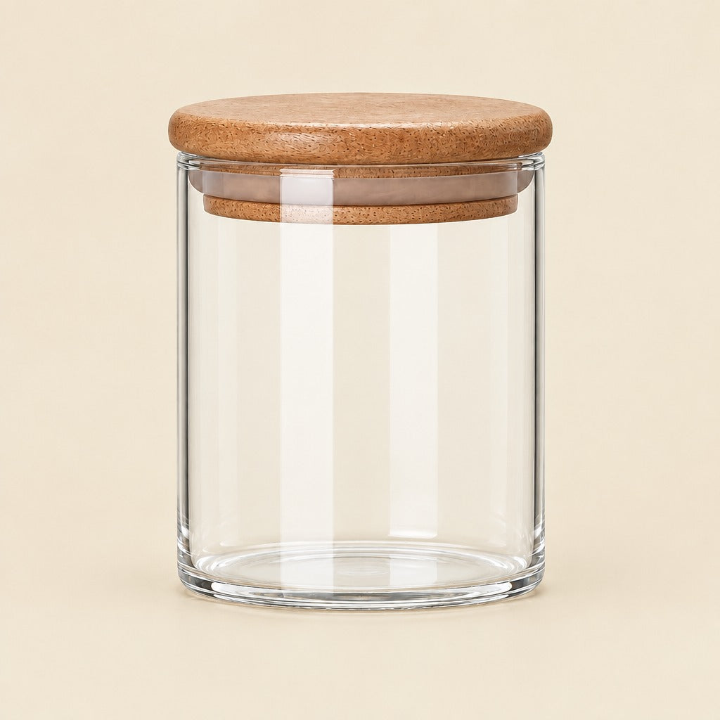 A clear glass jar with a round cork lid, shown on a solid light beige background.