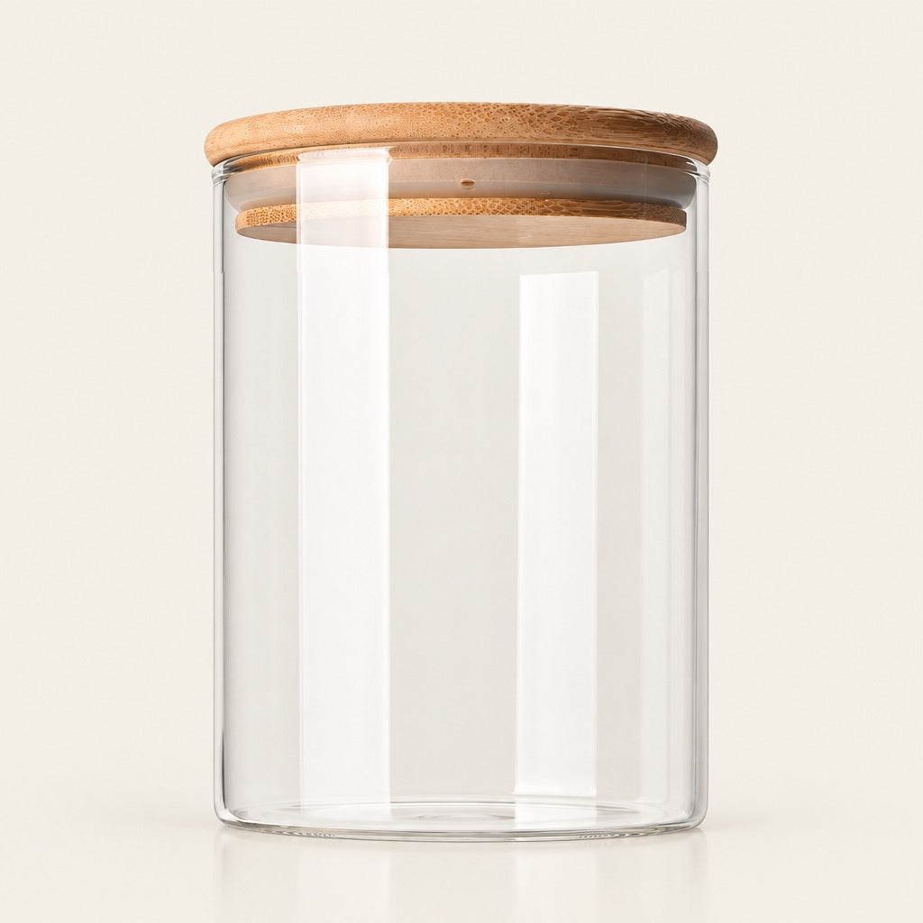A clear glass storage jar with a light brown bamboo lid, shown on a clean, solid off-white background.
