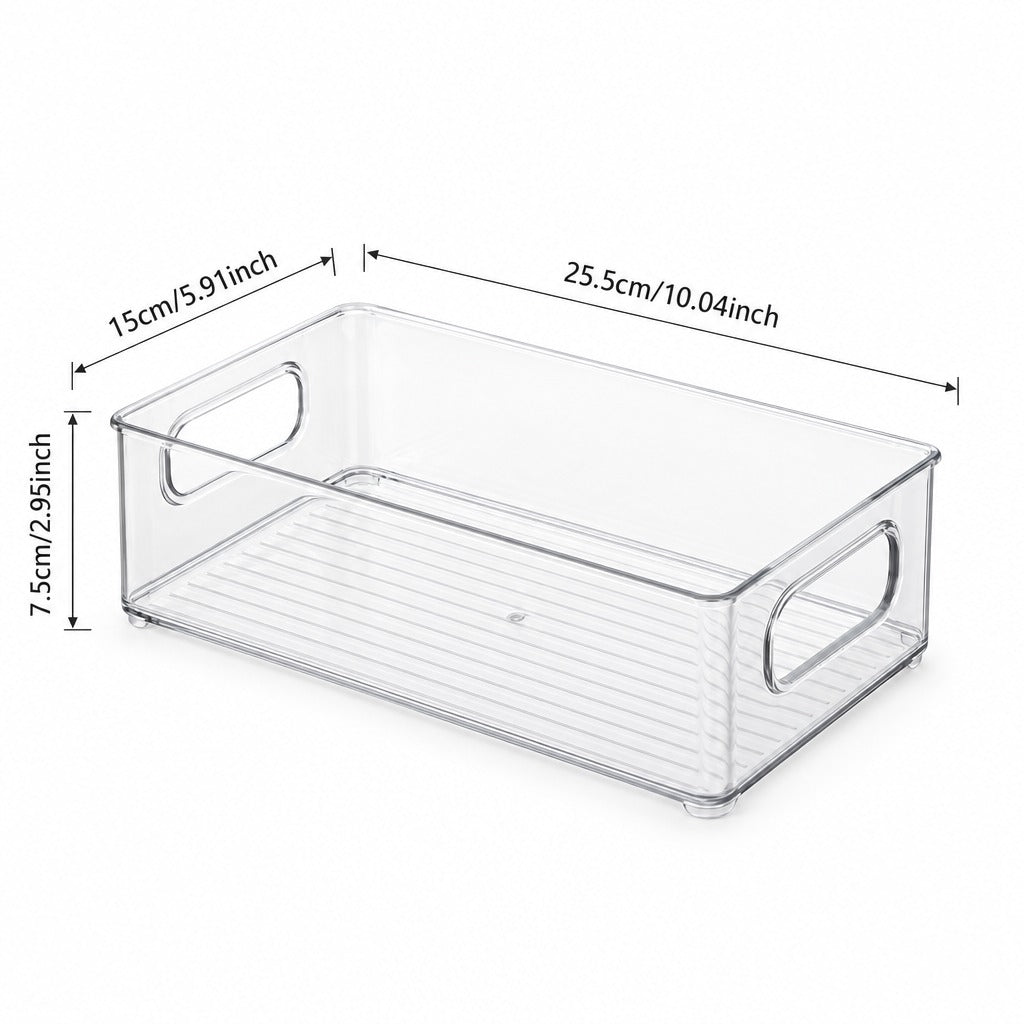 Clear plastic storage bin with side handles, shown on a white background with dimension lines indicating 15cm x 25.5cm x 7.