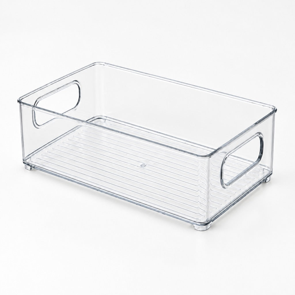 A clear plastic rectangular storage bin with integrated handles on the sides and a ribbed bottom, shown on a clean white background.