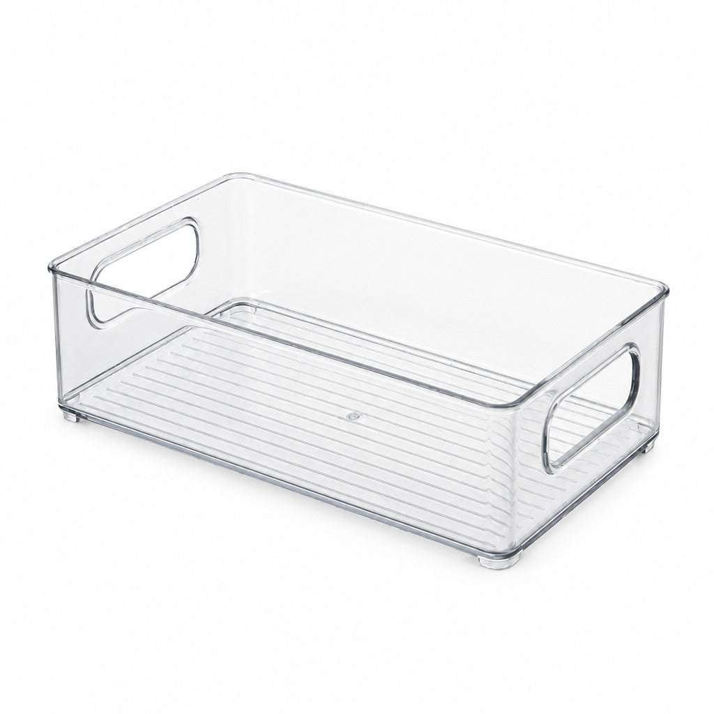 A clear plastic storage bin with integrated side handles and a ribbed bottom, shown on a plain white background.