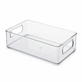 A clear plastic storage bin with integrated side handles and a ribbed bottom, shown on a plain white background.