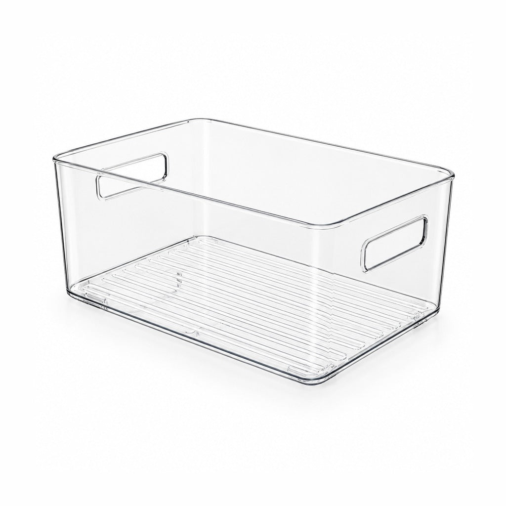 Clear plastic storage bin with integrated side handles and a slotted bottom tray, shown on a white background.