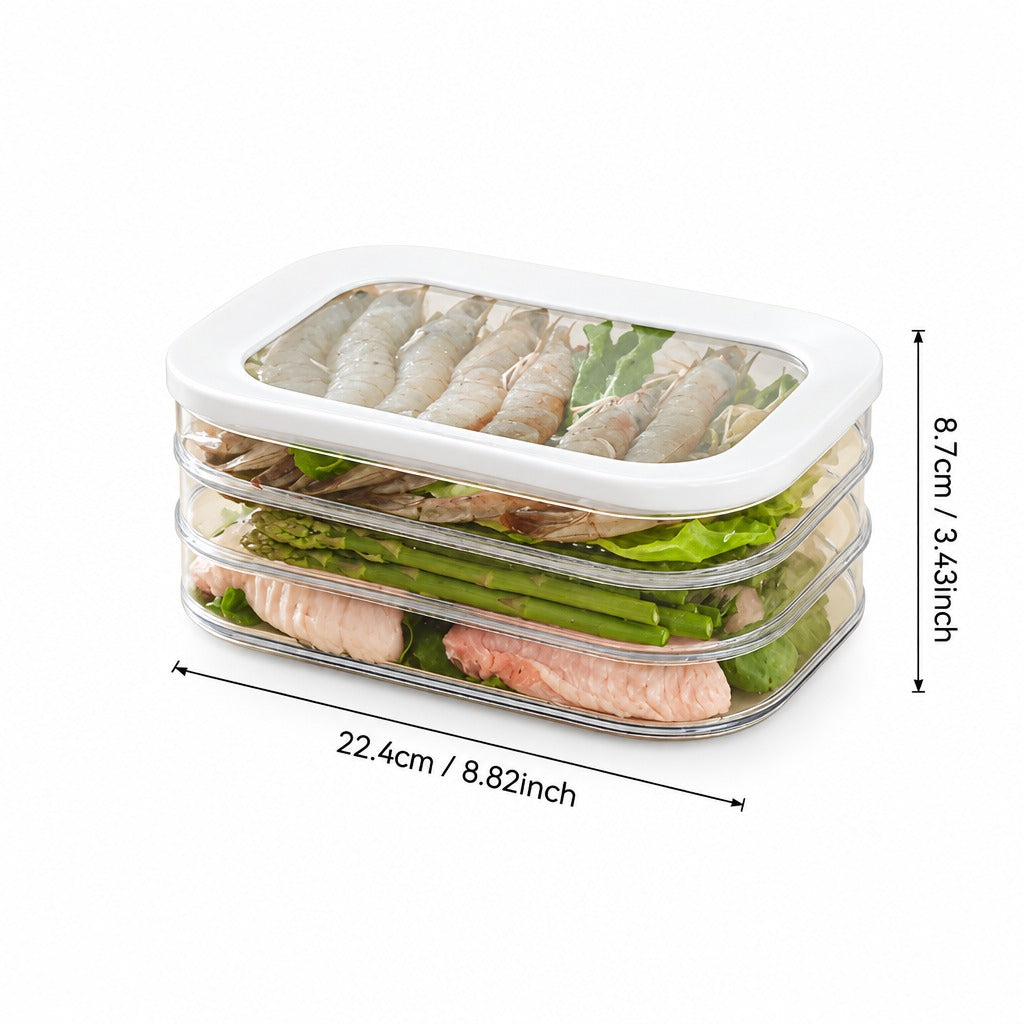 Three stacked clear plastic food storage containers with a white lid, shown on a white background with dimension lines indicating 22.4 cm width and 8.