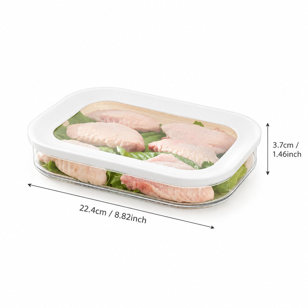 A clear rectangular food storage container with a white lid, shown on a white background with overlaid dimension arrows and text indicating 22.4 cm by 3.
