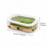 A clear rectangular food storage container with a white lid, shown on a white background with overlaid dimension arrows and text indicating 22.4 cm by 6.