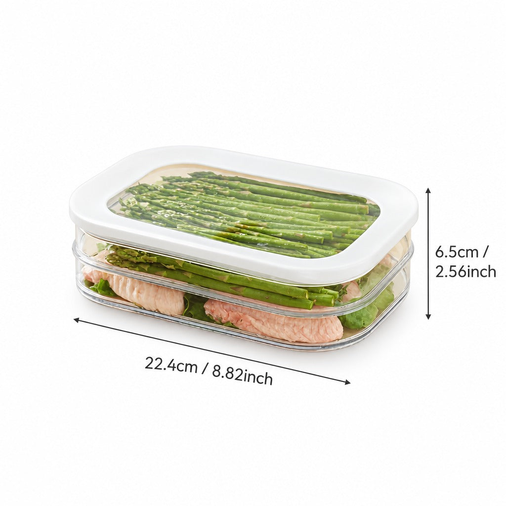 A clear rectangular food storage container with a white lid, shown on a white background with overlaid dimension arrows and text indicating 22.4 cm by 6.