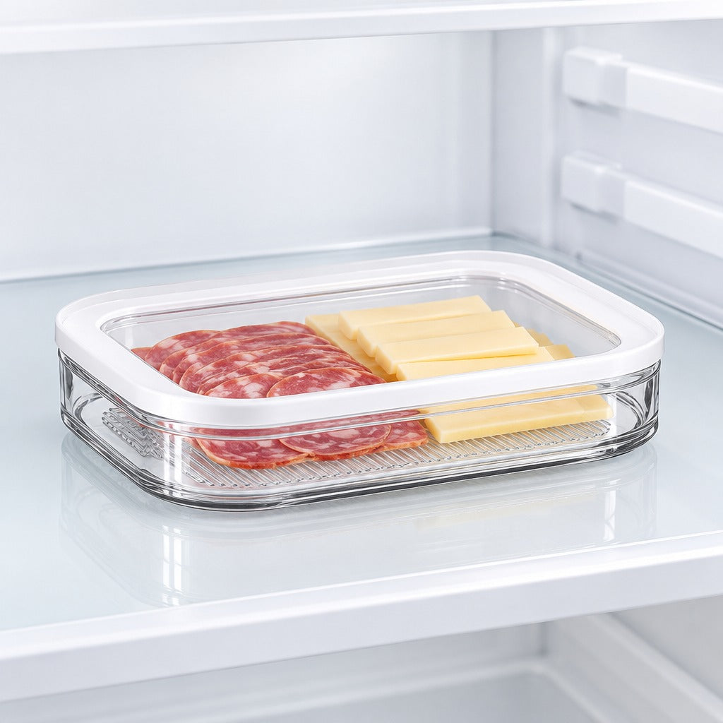 A clear plastic refrigerator storage container with a white lid, shown on a shelf inside a refrigerator. The container is filled with sliced salami and cheese slices.