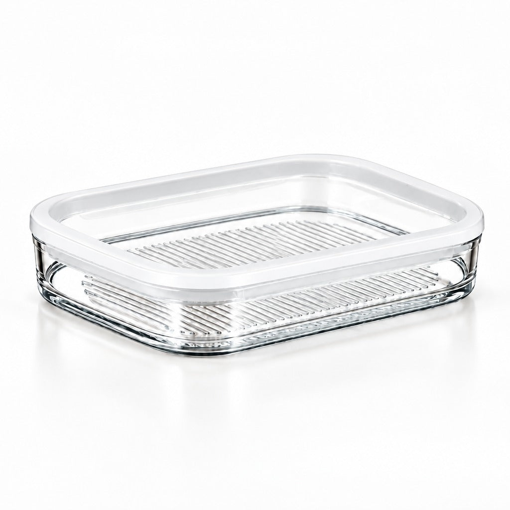 Clear glass food storage container with a matching clear lid and a built-in metal cooling rack, shown on a white background.