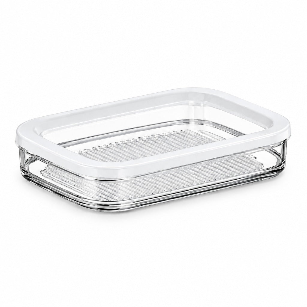 A rectangular clear glass food storage container with a white lid, featuring a ribbed textured bottom, shown on a plain white background.