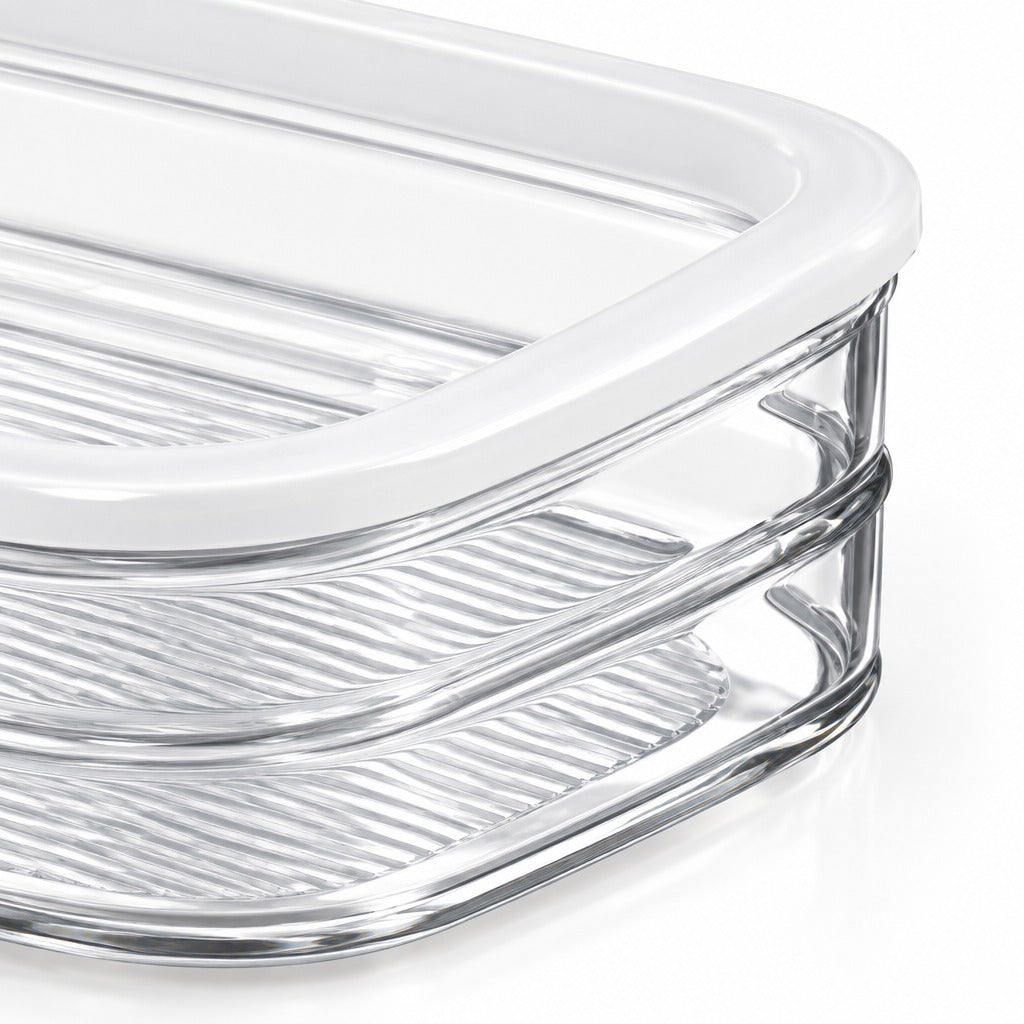 Clear glass storage container with a white lid, shown in a close-up studio shot on a white background.
