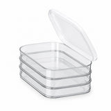 A stack of four clear plastic rectangular storage containers with matching transparent lids, shown on a clean white background.