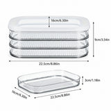 Three-tier clear plastic and glass food storage stack with a white lid, shown with dimension labels indicating 22.5cm width, 16cm depth, and 9cm height on a white background.