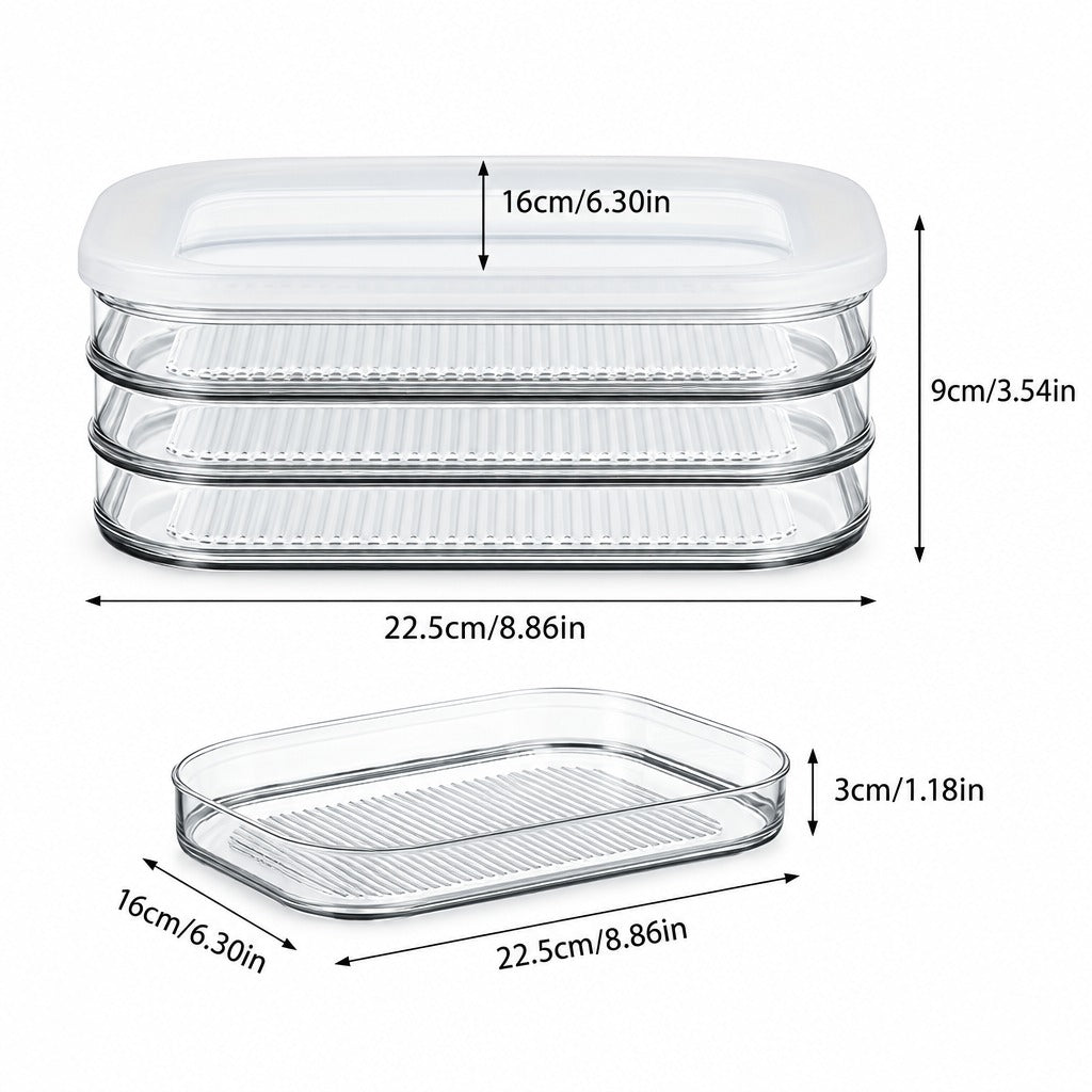 Three-tier clear plastic and glass food storage stack with a white lid, shown with dimension labels indicating 22.5cm width, 16cm depth, and 9cm height on a white background.