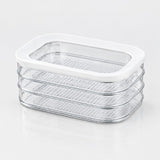 Three stacked clear plastic food storage containers with a white lid, shown on a clean white background.