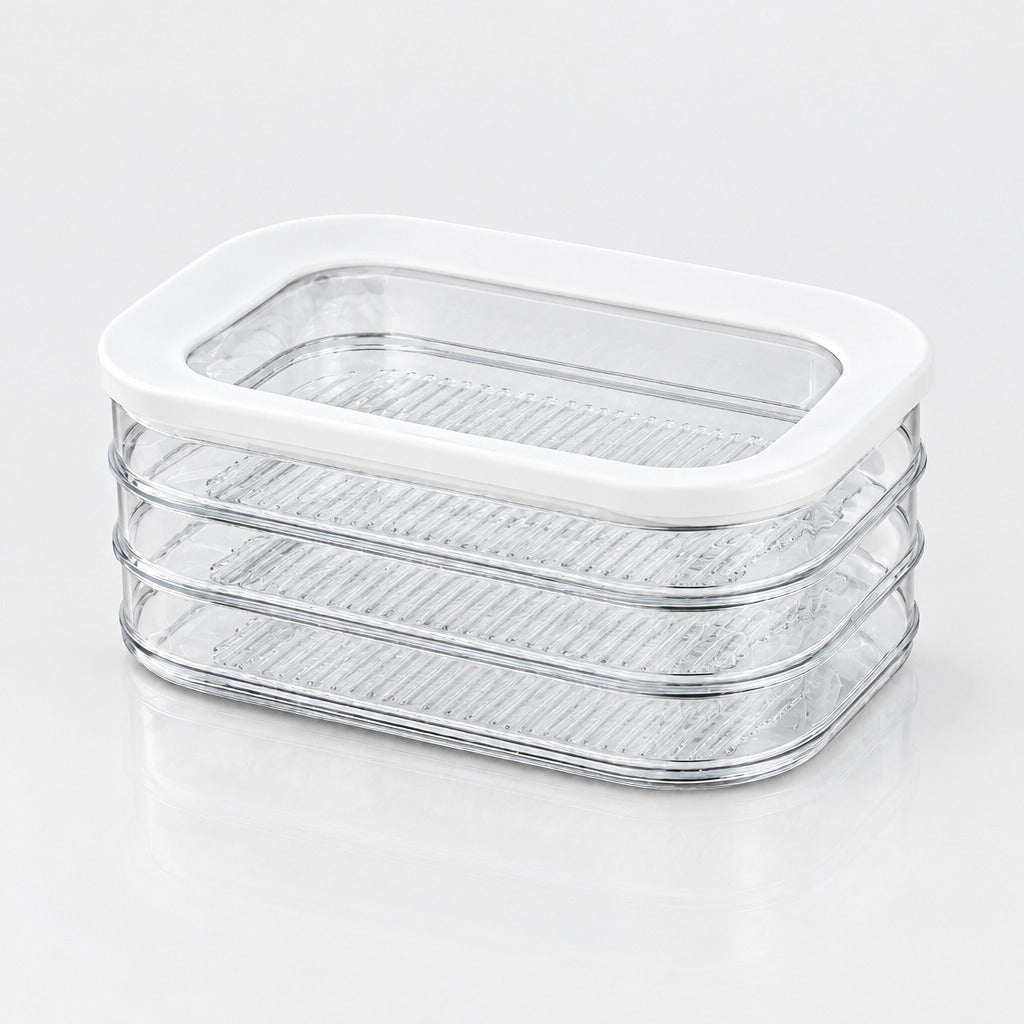 Three stacked clear plastic food storage containers with a white lid, shown on a clean white background.