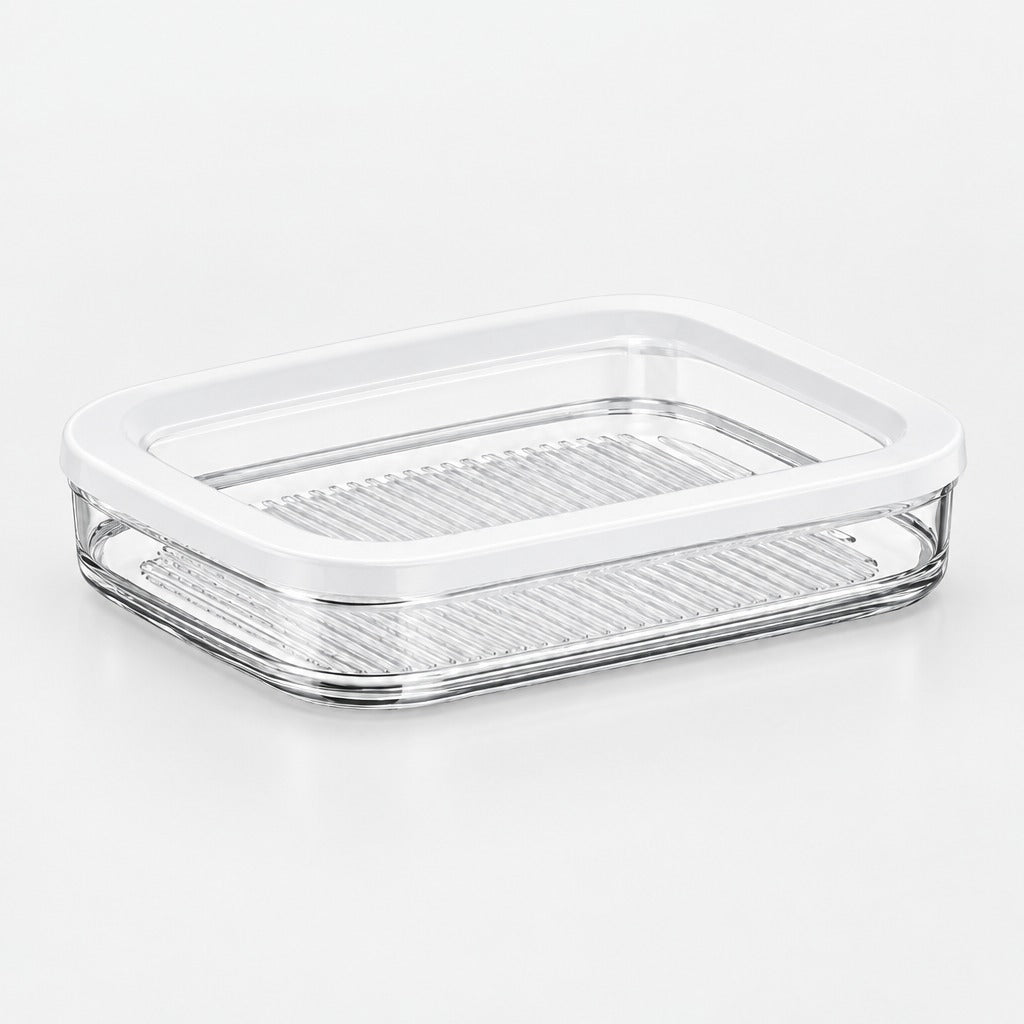 A rectangular glass food storage container with a white lid and a clear plastic drip tray, shown on a clean white background.