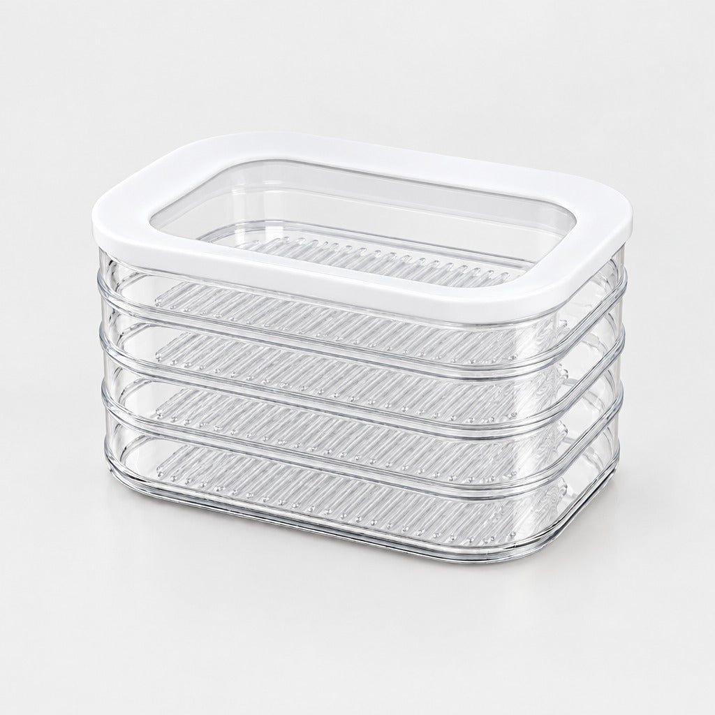 A stack of four clear plastic dehydrator trays with a white plastic lid, shown on a clean white background.