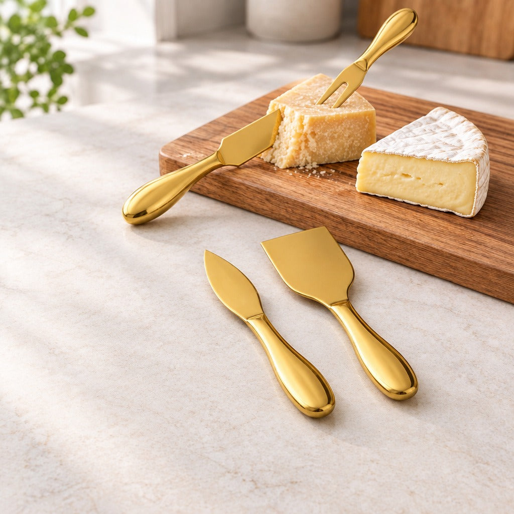 Three gold cheese knives and a small gold fork arranged on a light stone surface, with a wooden cutting board in the background holding cheese wedges.