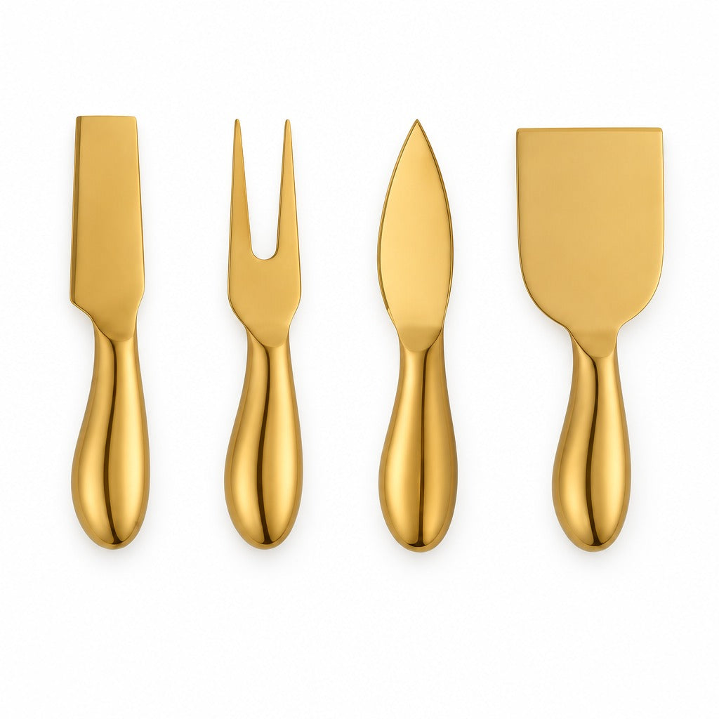 Four gold-toned cheese knives with sleek, polished handles arranged in a row on a clean white background.