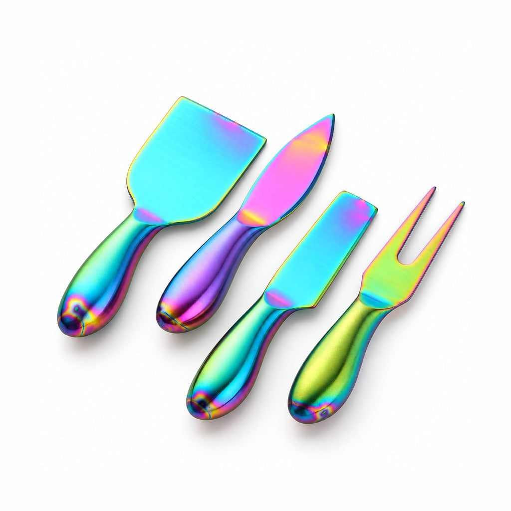 Four-piece stainless steel cheese knife set with a vibrant iridescent rainbow finish, including a spatula, knife, spreader, and fork, arranged on a clean white background.
