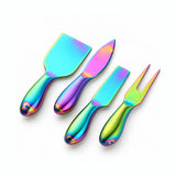 Four-piece stainless steel cheese knife set with a vibrant iridescent rainbow finish, including a spatula, knife, spreader, and fork, arranged on a clean white background.