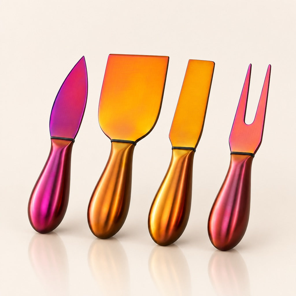 Four metallic cheese knives and a fork with iridescent handles, arranged in a row on a light beige background. The handles transition through pink, orange, and gold tones, and the blades have matching gradient finishes.