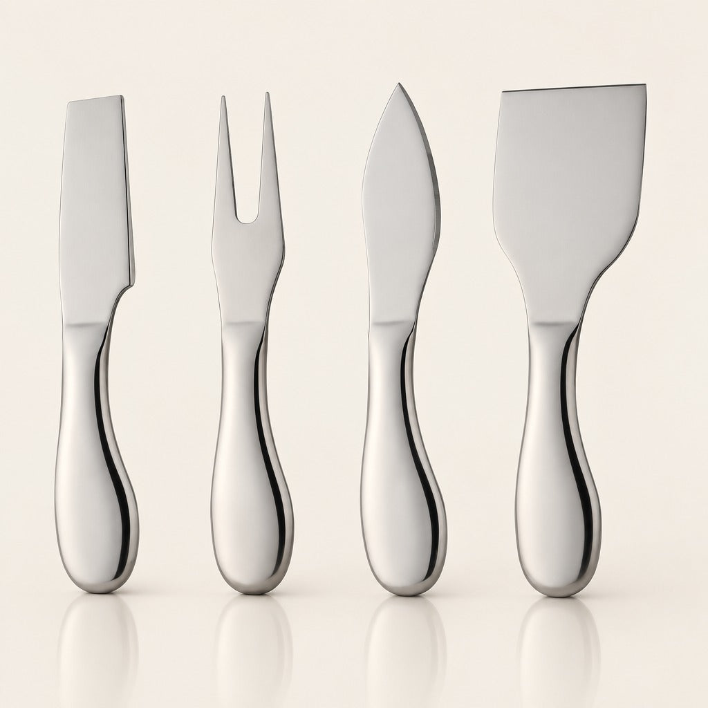 Four polished stainless steel cheese knives with curved handles, arranged in a row against a warm off-white background with soft reflections below.